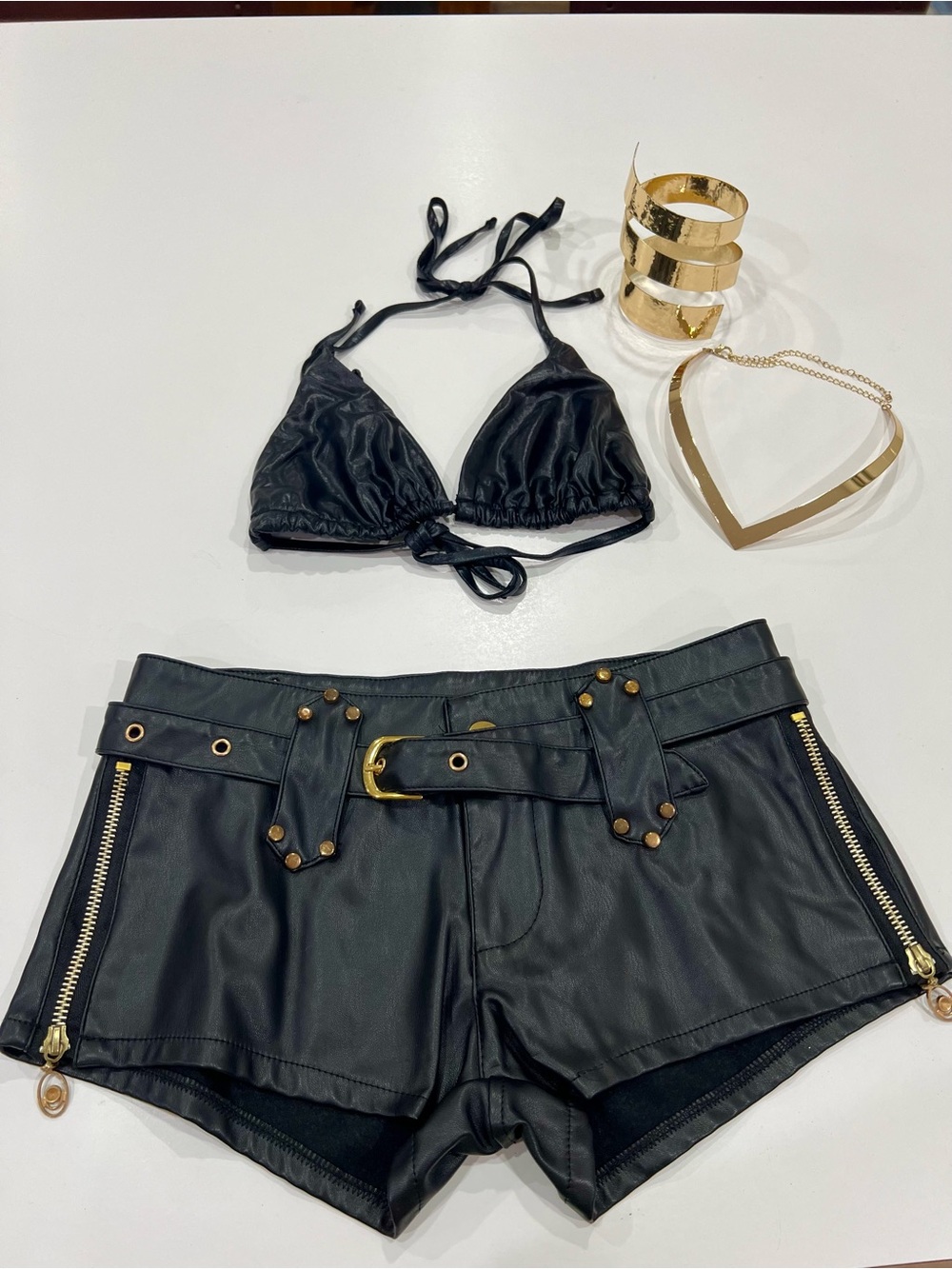 Black Faux Leather Women’s Shorts, Bikini Top, Necklace, Arm Bracelete.